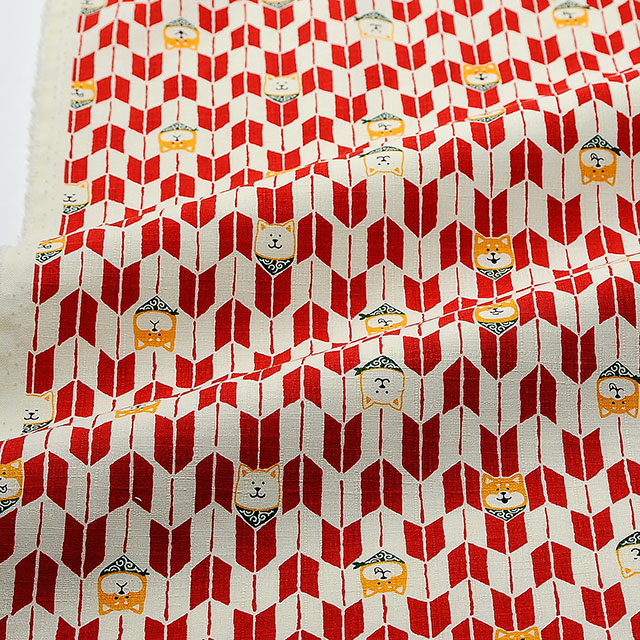 生地 和柄プリント 福々 柴犬と矢絣(AP11902) 1D.赤 99Zz99_