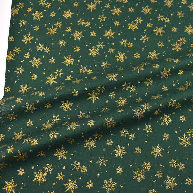 生地 クリスマスプリント 雪の結晶/シーチング(DX11840L) D.グリーン×ゴールド 09Ae99_