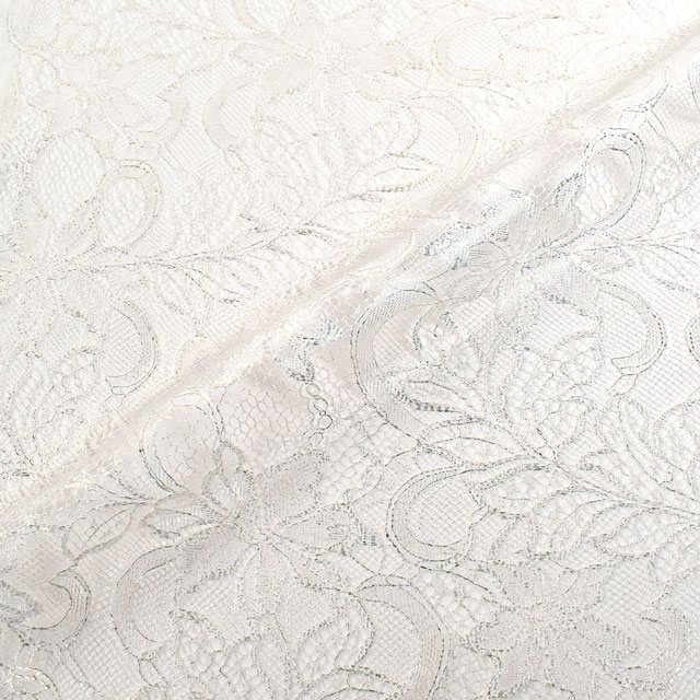 生地 箔加工レース 花柄(HK15273) 1.白×ホワイトゴールド箔 10Ac04_