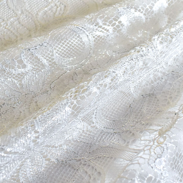 生地 箔加工レース 花柄(HK15273) 1.白×ホワイトゴールド箔 10Ac04_