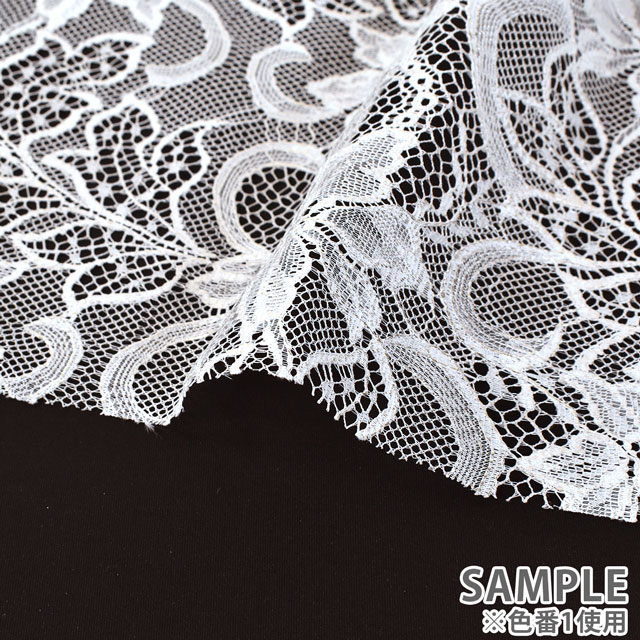 生地 箔加工レース 花柄(HK15273) 1.白×ホワイトゴールド箔 10Ac04_