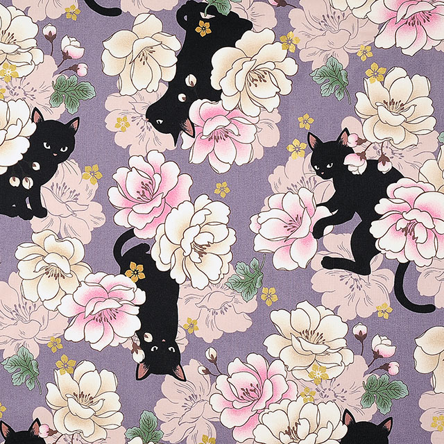 生地 HYAKKA RYORAN 和調プリント/シーチング 黒猫と牡丹(HR3110) 11J.うす紫 09Ag17_