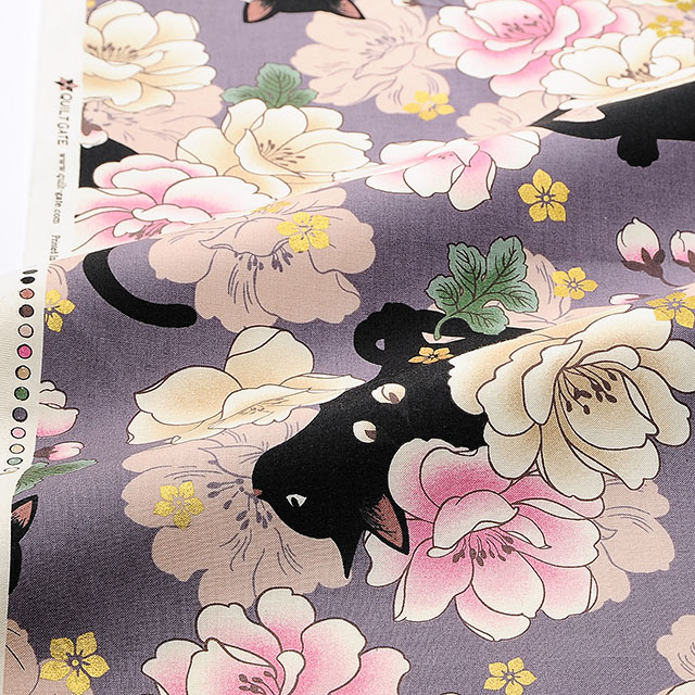 生地 HYAKKA RYORAN 和調プリント/シーチング 黒猫と牡丹(HR3110) 11J.うす紫 09Ag17_