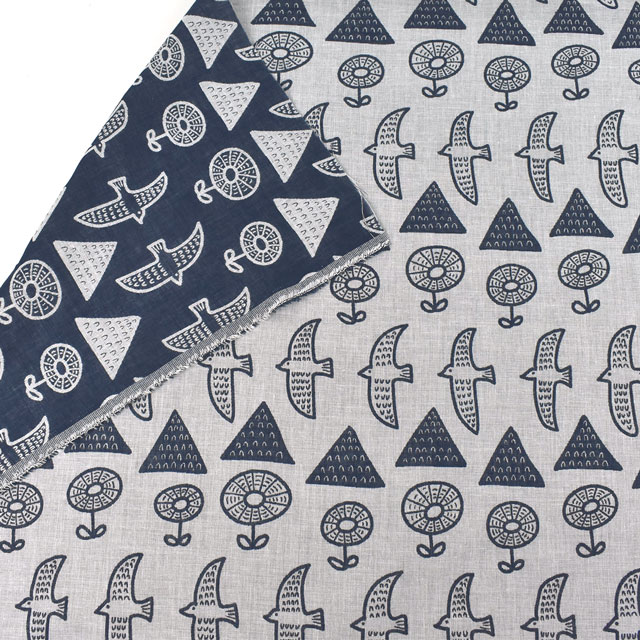 生地 コットンジャガード 鳥と花と森(KFJ-04) 3.ネイビー 99Zz99_