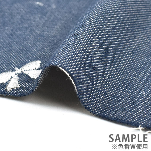 生地 Daily デニム風ツイル刺繍 リボン(KOF-47) P.ブルー地×ピンク 99Zz99_