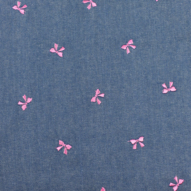 生地 Daily デニム風ツイル刺繍 リボン(KOF-47) P.ブルー地×ピンク 99Zz99_