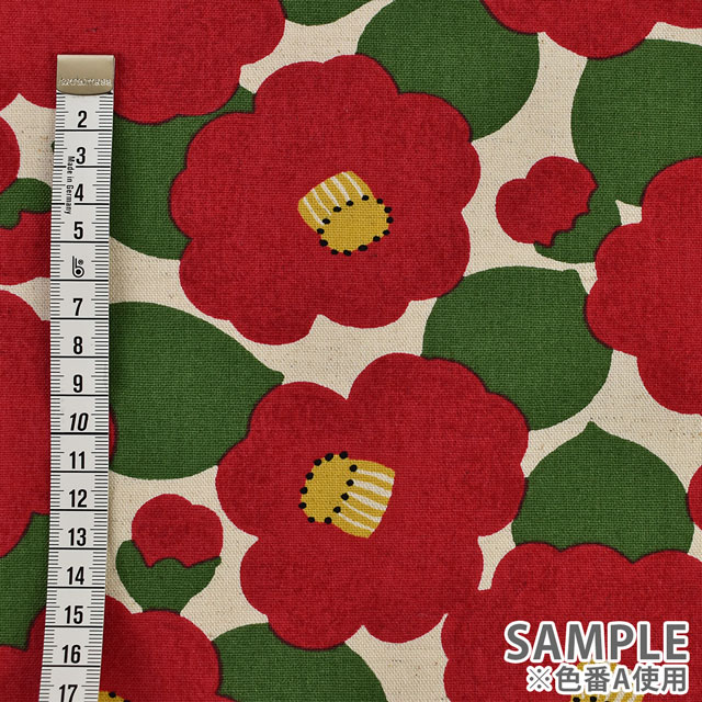 生地 綿麻キャンバスプリント ツバキ (KSP5375) B.黒地 09Cu45_