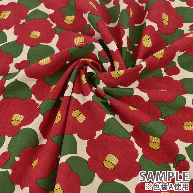 生地 綿麻キャンバスプリント ツバキ (KSP5375) B.黒地 09Cu45_