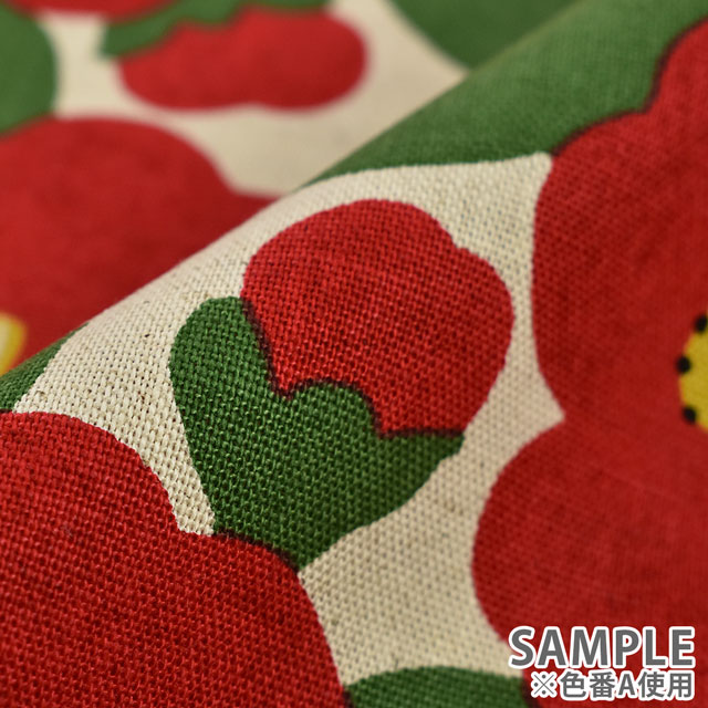 生地 綿麻キャンバスプリント ツバキ (KSP5375) B.黒地 09Cu45_