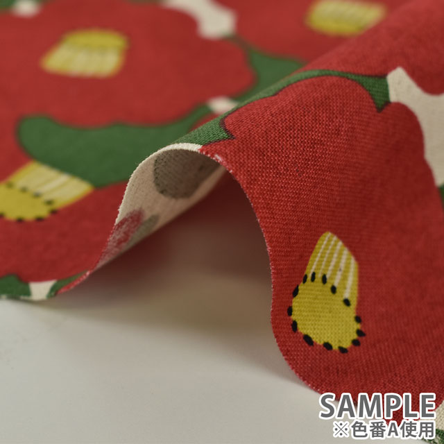 生地 綿麻キャンバスプリント ツバキ (KSP5375) B.黒地 09Cu45_