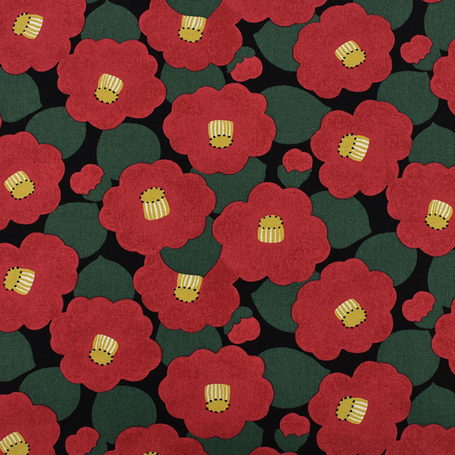 生地 綿麻キャンバスプリント ツバキ (KSP5375) B.黒地 09Cu45_