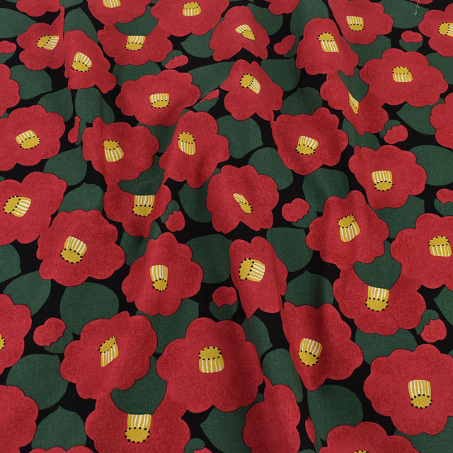 生地 綿麻キャンバスプリント ツバキ (KSP5375) B.黒地 09Cu45_