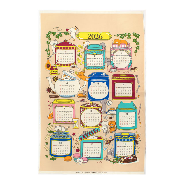 パネル生地 2026年カレンダーパネル TEA TIME 猫/オックス(KTS7141) A.ミルクティー 09Bm99_