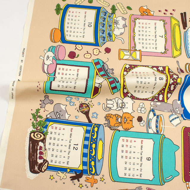 パネル生地 2026年カレンダーパネル TEA TIME 猫/オックス(KTS7141) A.ミルクティー 09Bm99_