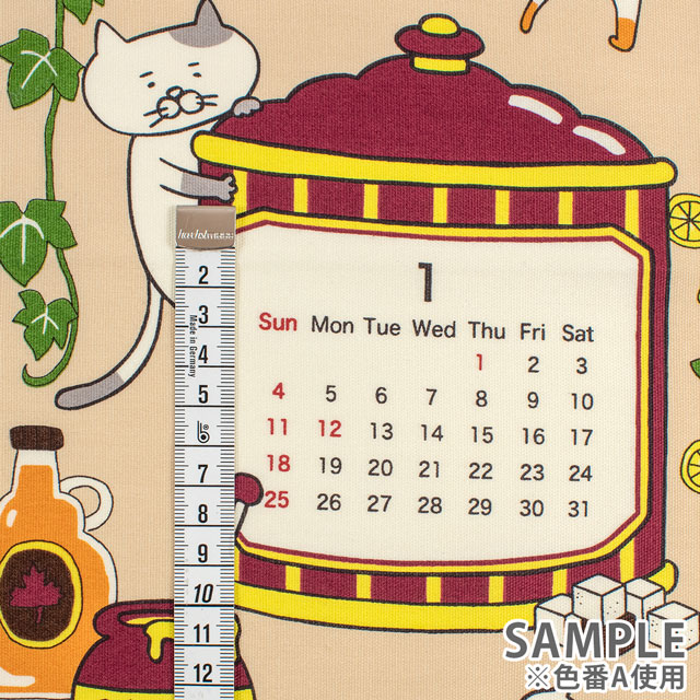 パネル生地 2026年カレンダーパネル TEA TIME 猫/オックス(KTS7141) A.ミルクティー 09Bm99_