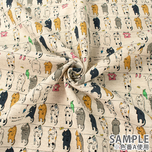 生地 綿麻キャンバスプリント 洗濯ネコ(KTS6227) D.グレー 09Cu45_