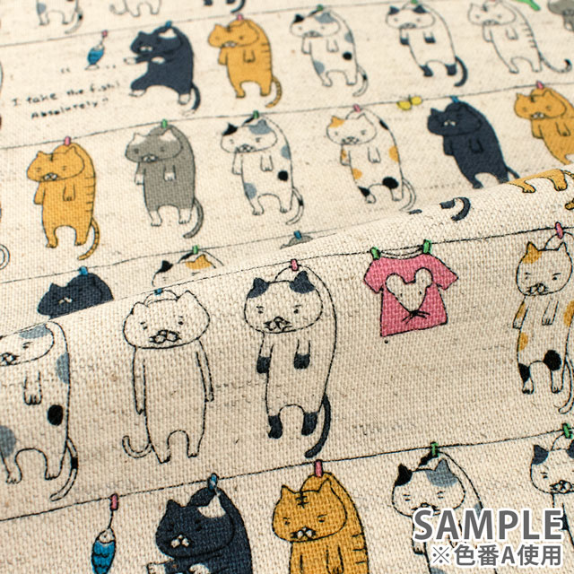 生地 綿麻キャンバスプリント 洗濯ネコ(KTS6227) D.グレー 09Cu45_