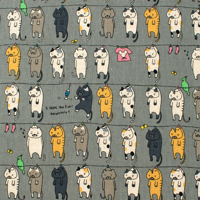 生地 綿麻キャンバスプリント 洗濯ネコ(KTS6227) D.グレー 09Cu45_