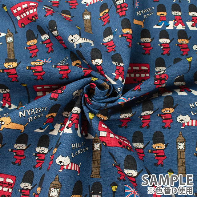 生地 綿麻キャンバスプリント ねこロンドン(KTS7026) D.ブルー 09Cu45_