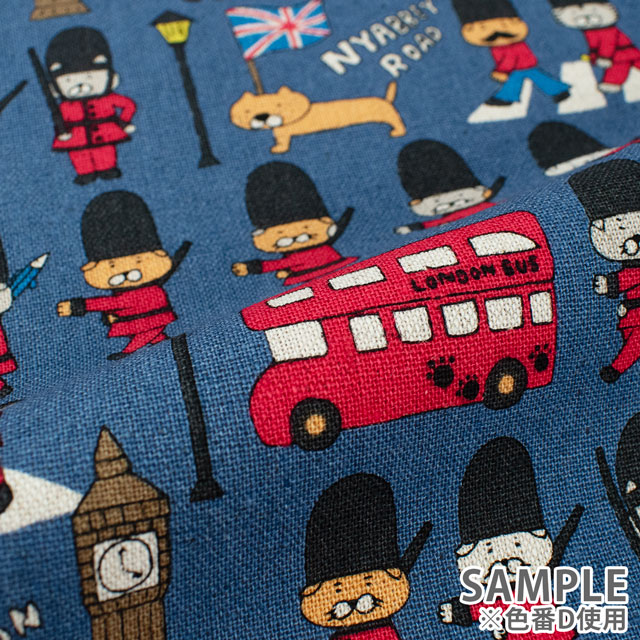 生地 綿麻キャンバスプリント ねこロンドン(KTS7026) D.ブルー 09Cu45_