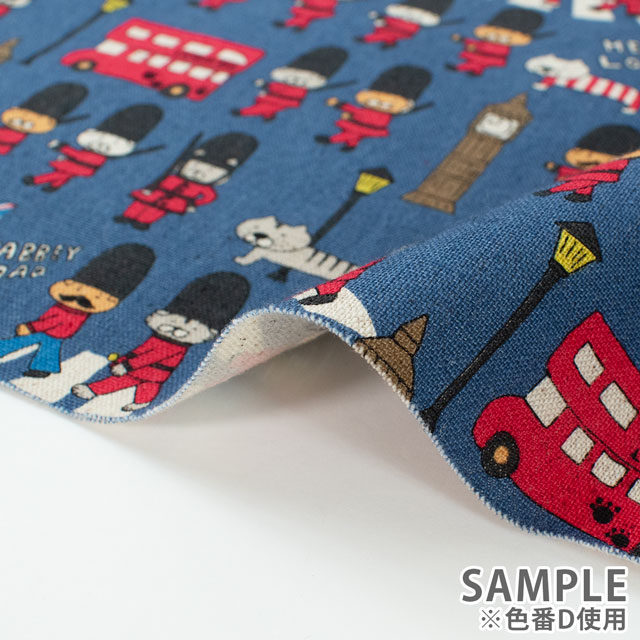 生地 綿麻キャンバスプリント ねこロンドン(KTS7026) D.ブルー 09Cu45_