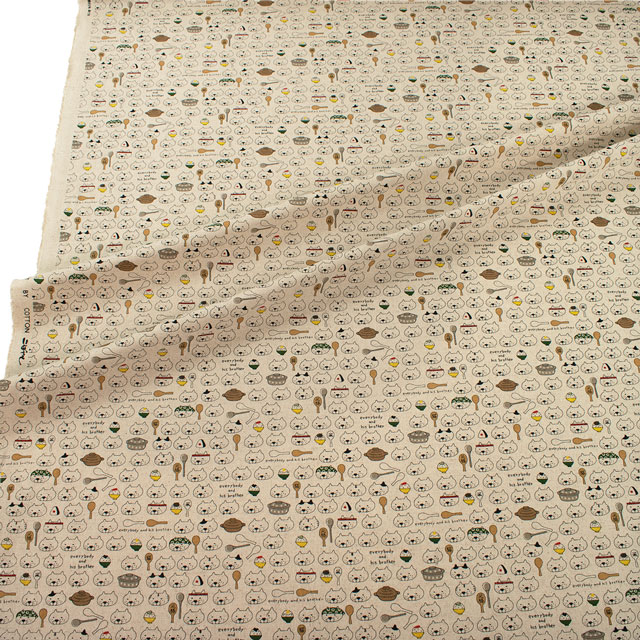 生地 綿麻キャンバスプリント ねこしゃもじ(KTS7048) A.生成 09Cu45_