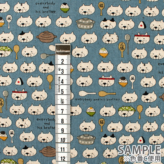 生地 綿麻キャンバスプリント ねこしゃもじ(KTS7048) E.グレー 09Cu45_