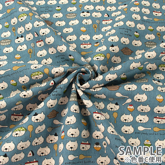 生地 綿麻キャンバスプリント ねこしゃもじ(KTS7048) E.グレー 09Cu45_
