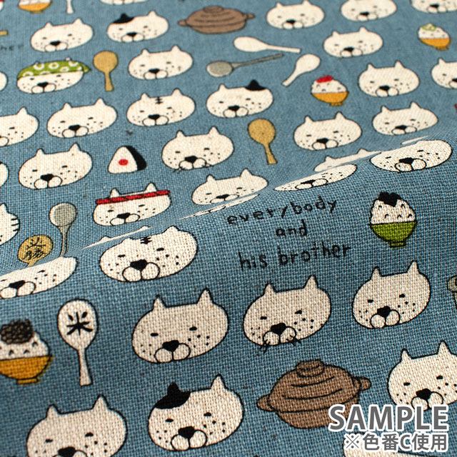 生地 綿麻キャンバスプリント ねこしゃもじ(KTS7048) E.グレー 09Cu45_