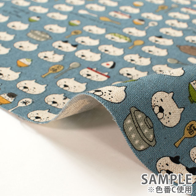 生地 綿麻キャンバスプリント ねこしゃもじ(KTS7048) E.グレー 09Cu45_