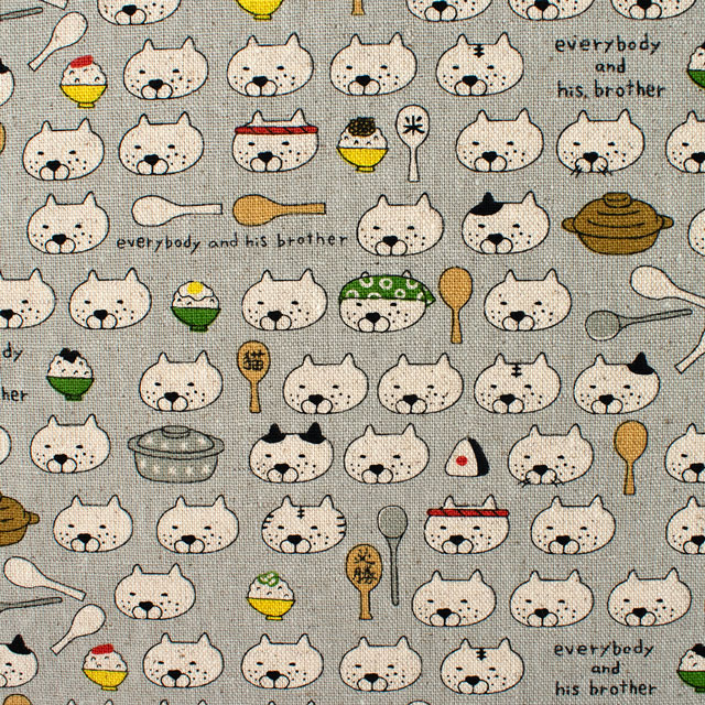 生地 綿麻キャンバスプリント ねこしゃもじ(KTS7048) E.グレー 09Cu45_