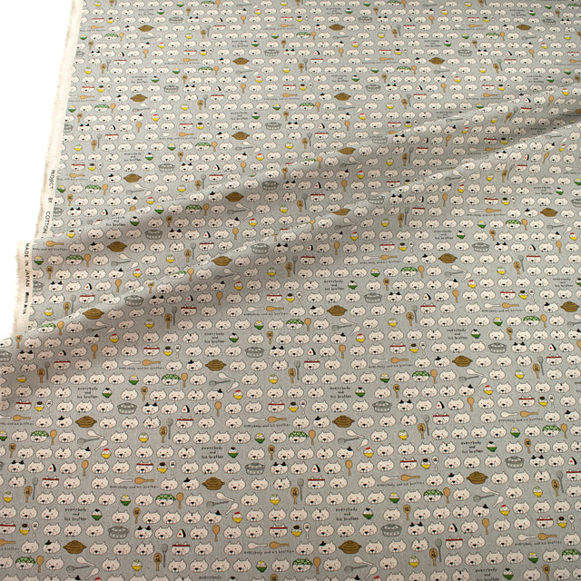 生地 綿麻キャンバスプリント ねこしゃもじ(KTS7048) E.グレー 09Cu45_