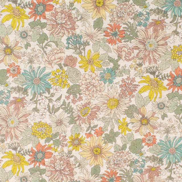 生地 綿麻シーチングプリント カラフル花柄(KTS7051) C.イエロー 09Cu45_