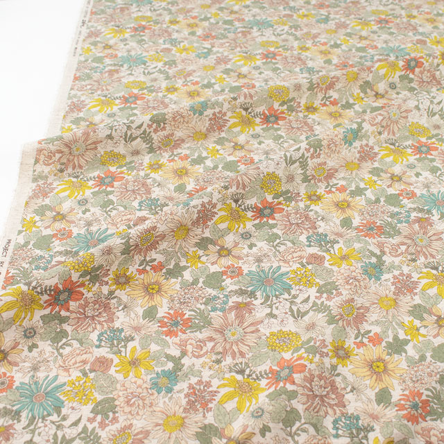 生地 綿麻シーチングプリント カラフル花柄(KTS7051) C.イエロー 09Cu45_