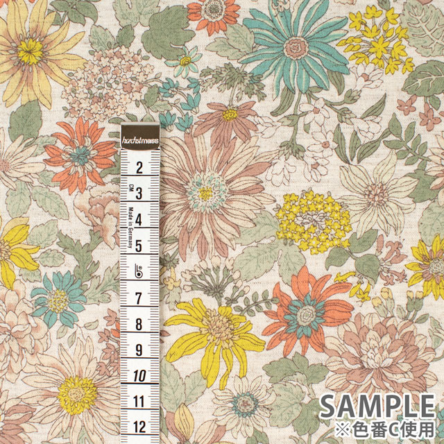 生地 綿麻シーチングプリント カラフル花柄(KTS7051) C.イエロー 09Cu45_