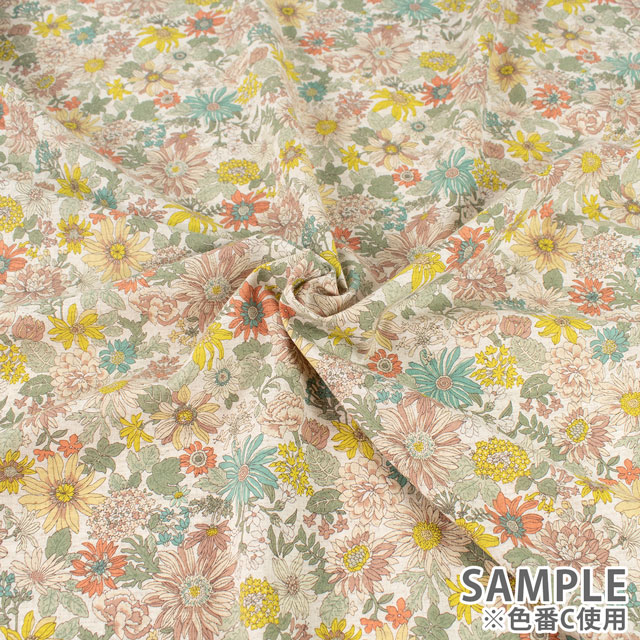 生地 綿麻シーチングプリント カラフル花柄(KTS7051) C.イエロー 09Cu45_