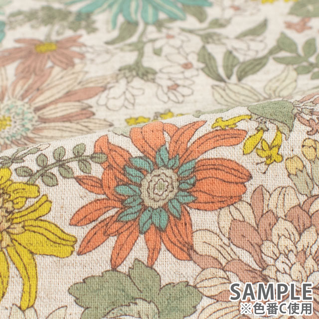 生地 綿麻シーチングプリント カラフル花柄(KTS7051) C.イエロー 09Cu45_