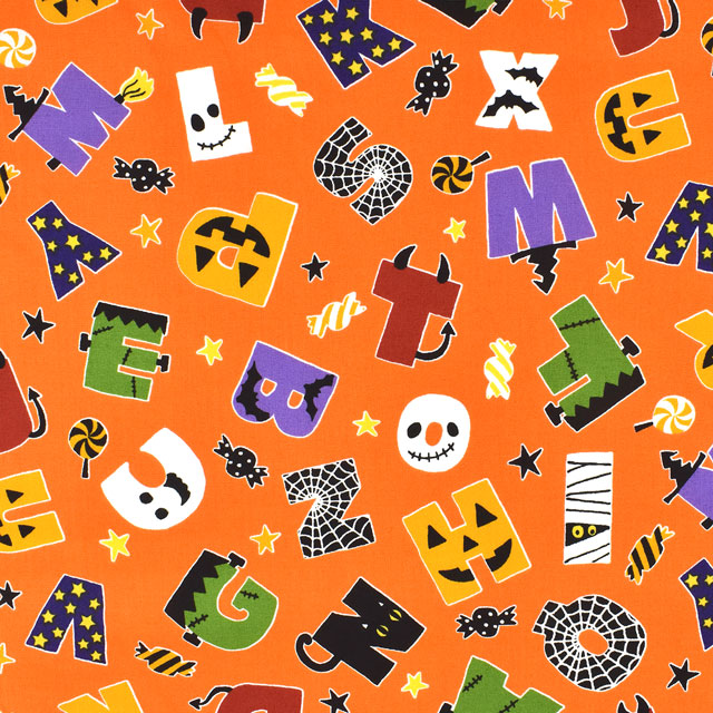生地 シーチングプリント ハロウィンパーティ・アルファベット(LG-46040) 2A.オレンジ 99Zz99_
