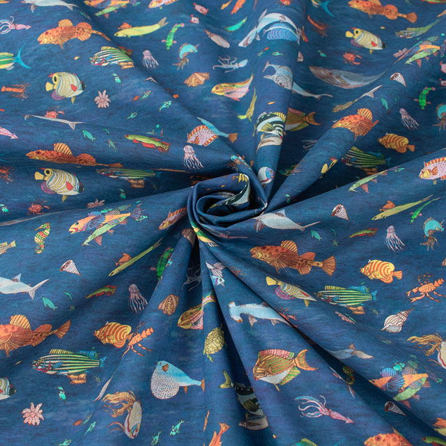 生地 LIBERTY FABRICS リバティ・ファブリックス タナローン 2024SS Wildsmith's Wonderful World Brian’s Aquarium ブライアンズ・アクアリウム(363J4212) 24CU.ブルー 99Zz99j