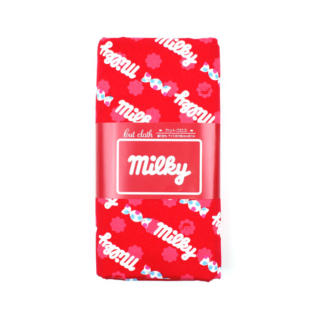 カットクロス お菓子コラボプリント生地 ミルキー ロゴ/オックス(okashi1M) レッド 99Zz99_