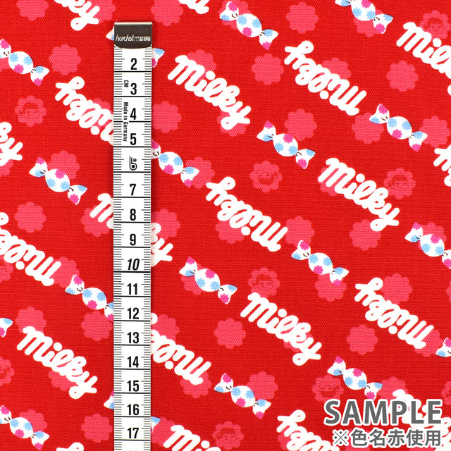 カットクロス お菓子コラボプリント生地 ミルキー ロゴ/オックス(okashi1M) ピンク 99Zz99_