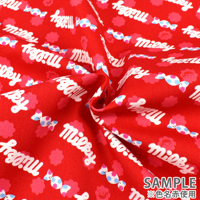 カットクロス お菓子コラボプリント生地 ミルキー ロゴ/オックス(okashi1M) ピンク 99Zz99_