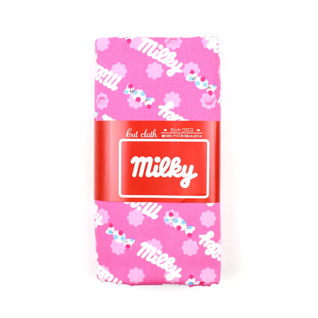 カットクロス お菓子コラボプリント生地 ミルキー ロゴ/オックス(okashi1M) ピンク 99Zz99_