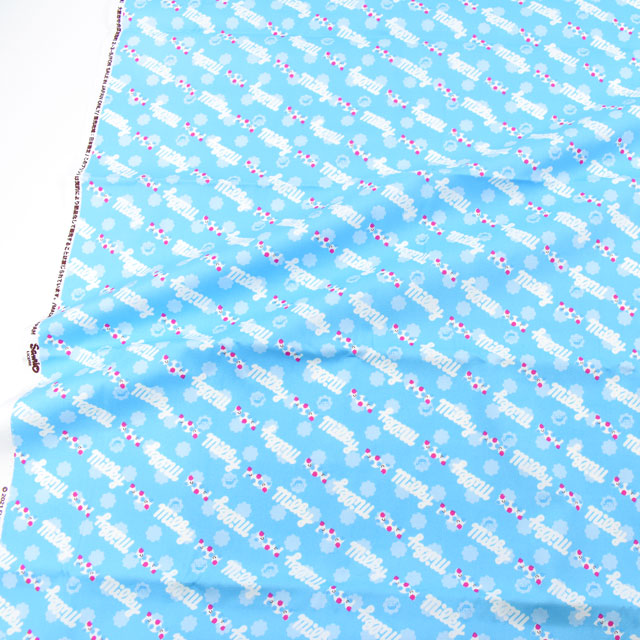 カットクロス お菓子コラボプリント生地 ミルキー ロゴ/オックス(okashi1M) 水色 99Zz99_