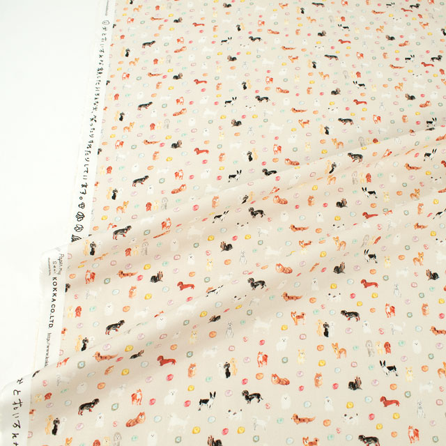 生地 Paper message-ペーパーメッセージ- 犬と花/シーチング(EGXA-8005) 3A.ベージュ 09Ac04_