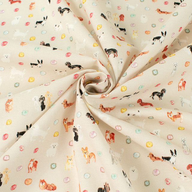 生地 Paper message-ペーパーメッセージ- 犬と花/シーチング(EGXA-8005) 3A.ベージュ 09Ac04_