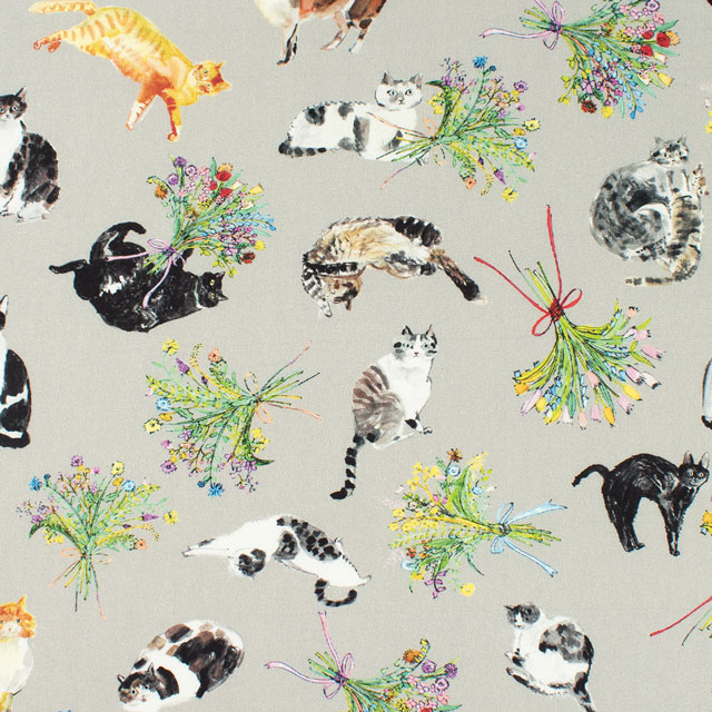 生地 Paper message-ペーパーメッセージ- 猫と花束/シーチング(EGXA-8005) 4A.グレー 99Zz99_