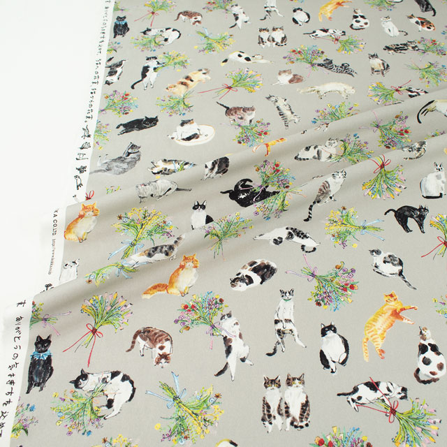 生地 Paper message-ペーパーメッセージ- 猫と花束/シーチング(EGXA-8005) 4A.グレー 99Zz99_