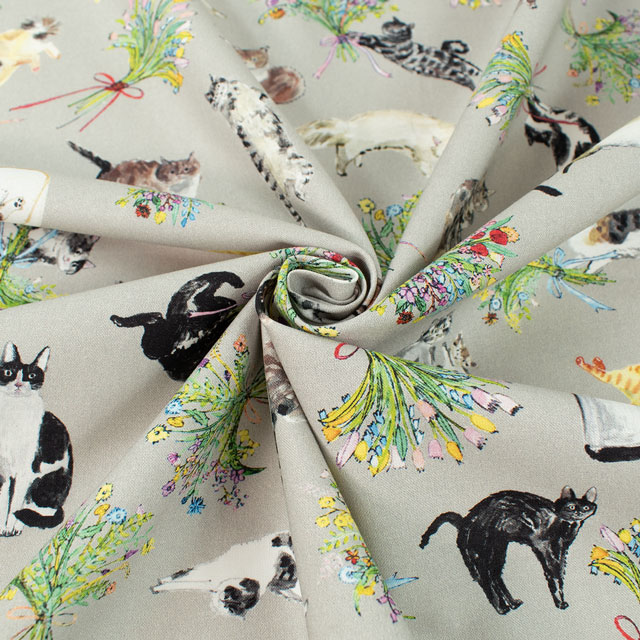 生地 Paper message-ペーパーメッセージ- 猫と花束/シーチング(EGXA-8005) 4A.グレー 99Zz99_