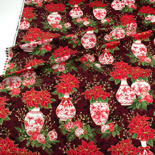 生地 ROBERT KAUFMAN-ロバートカウフマン- HOLIDAY FLOURISH ホリデイ・フローリッシュ ポインセチア/シーチング(22284) 113.ブラウン 09Ac05_